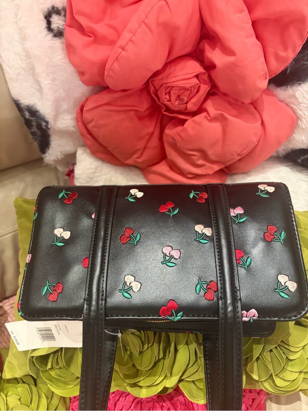 Betsey Johnson Black Satchel with Red & Pink Cherry Embroidery - Picture 4 of 7